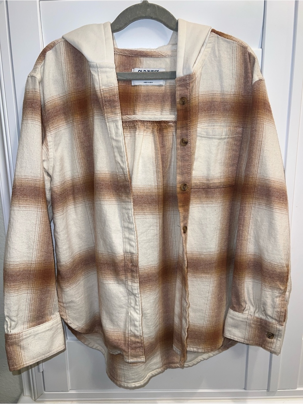 Old Navy Cream and Brown Plaid Hooded Button-Down Shirt
